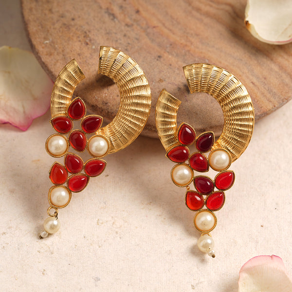 Golden Textured Pearl and Red Stone Dangler Earrings
