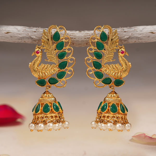 Peacock Motif Green stone studded Statement Danglers