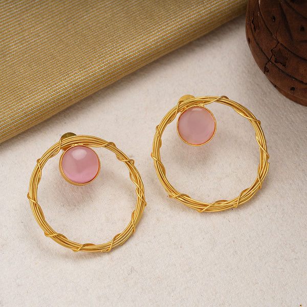 Deeptika- Stone Studded Golden Framed Dangler Earrings(Baby Pink)