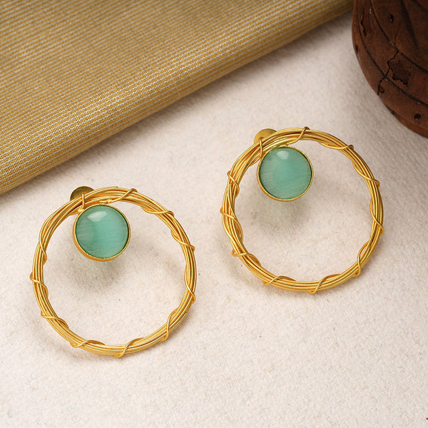 Deeptika- Stone Studded Golden Framed Dangler Earrings(Mint)
