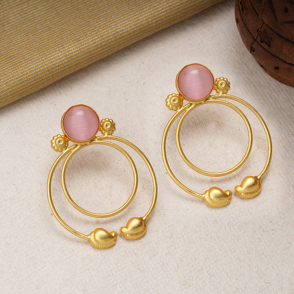 Devika- Stone Studded Golden Framed Dangler Earrings(Pink)