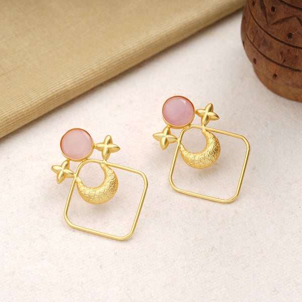 Urvashi- Stone Studded Golden Framed Dangler Earrings(Pink)