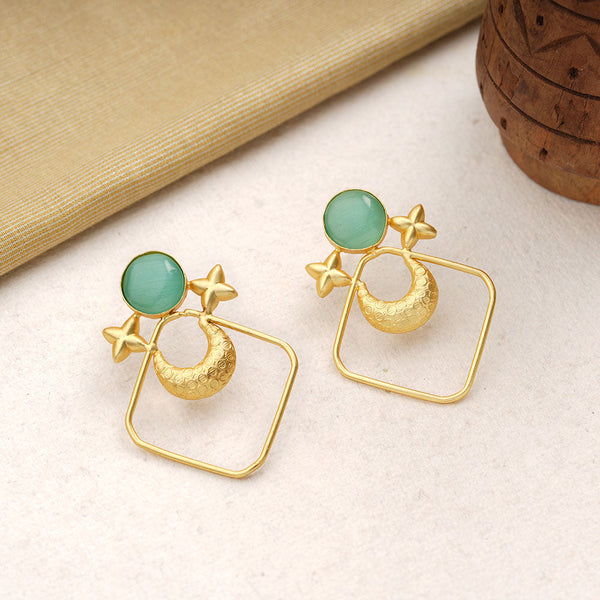 Urvashi- Stone Studded Golden Framed Dangler Earrings(Mint)