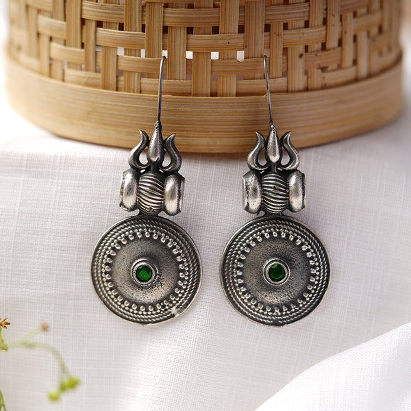 Trishool- Silver Brass Oxidised dangler earrings(Green)