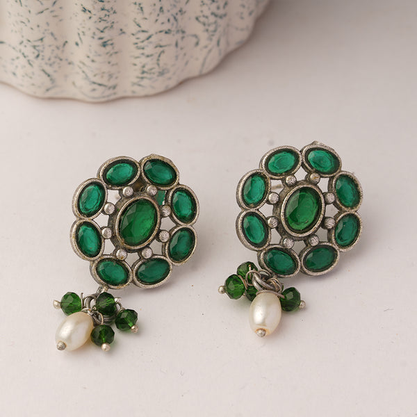 Brass Studs with Green Stone and Hanging Pearl