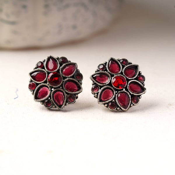 Kusuma- Silver oxidised stone studded stud earrings