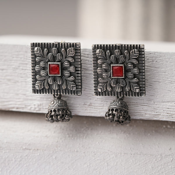 Red Stone Brass Square Stud with Hanging Jhumki