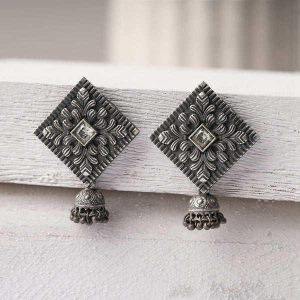 White Stone Brass Square Stud with Hanging Jhumki