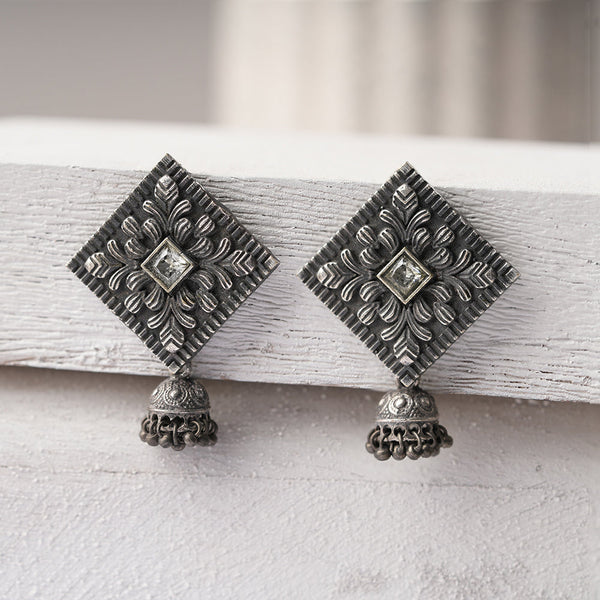 Manika- Silver Brass Pearl jhumka earrings