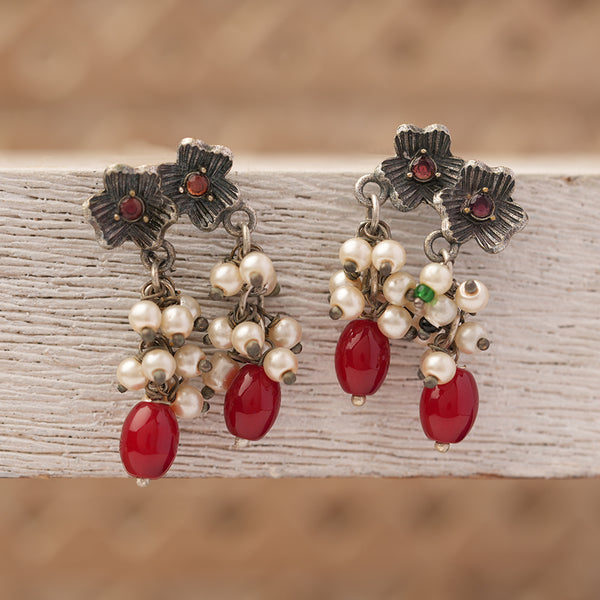 Brass Studs with Hanging Red stone and Baby Pearls