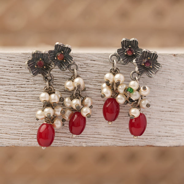KusumMoti- Silver Brass Pearl dangler earrings(Red)