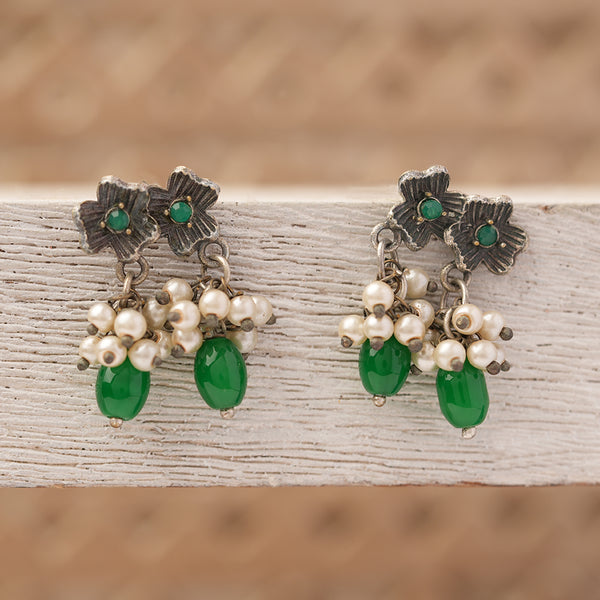 Brass Studs with Hanging Green stone and Baby Pearls