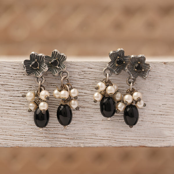 Brass Studs with Hanging Black Stone and Baby Pearls