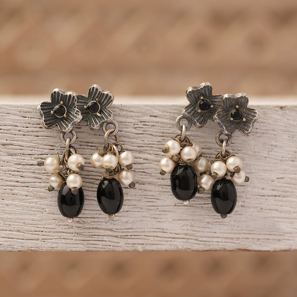 KusumMoti- Silver Brass Pearl dangler earrings(Black)