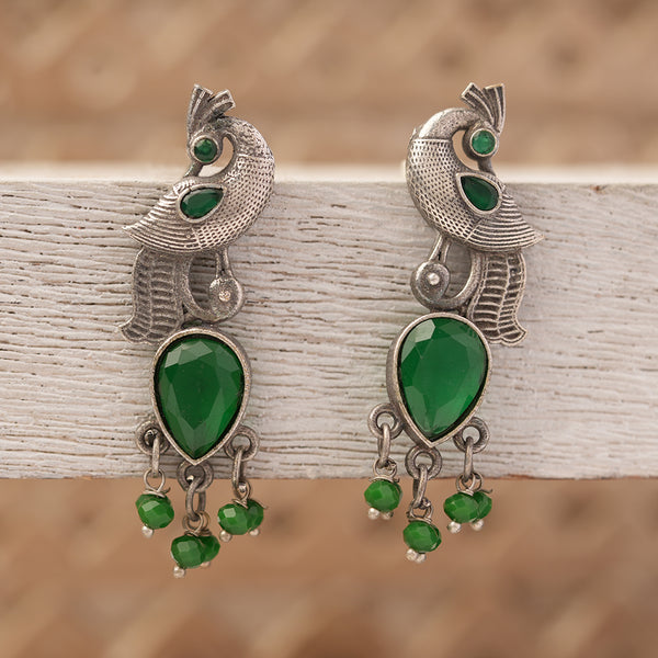Green Stone Studded Peacock Brass Danglers