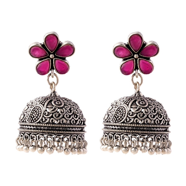 Red Stone Studded Silver Toned Jhumka