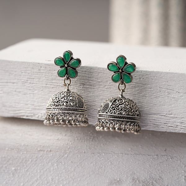 Green Stone Studded Silver Toned Jhumka
