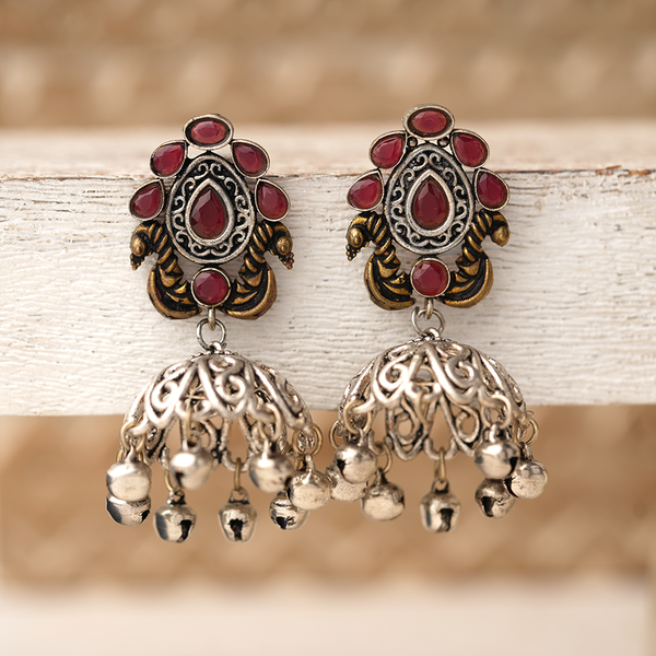 Kusumeyura- Silver Brass Stone Studded Jhumka Earrings(Red)