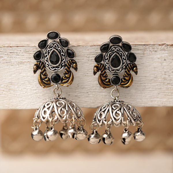 Kusumeyura- Silver Brass Stone Studded Jhumka Earrings(Black)