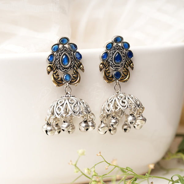 Kusumeyura- Silver Brass Stone Studded Jhumka Earrings(Blue)