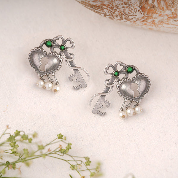 Kunjika- Silver Brass Oxidised dangler earrings(Green)