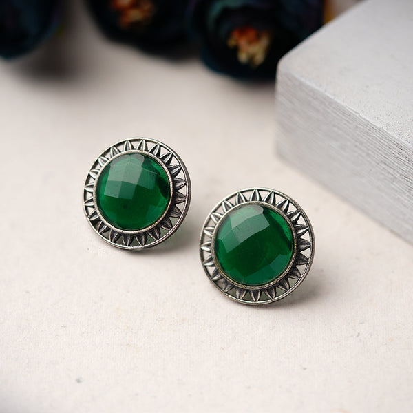 Manikya- Silver Brass Stone Studded Stud Earrings(Green)