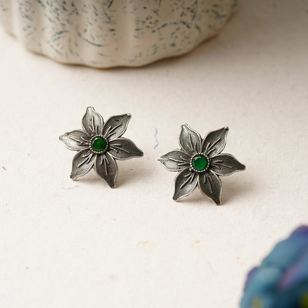 Juhi- Silver Brass Stone Studded Stud Earrings(Green)