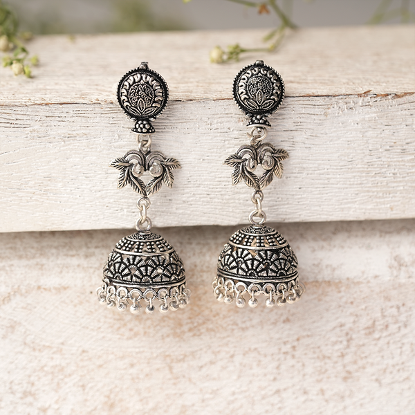 Pallavi- Silver Brass Oxidised Jhumka Earrings