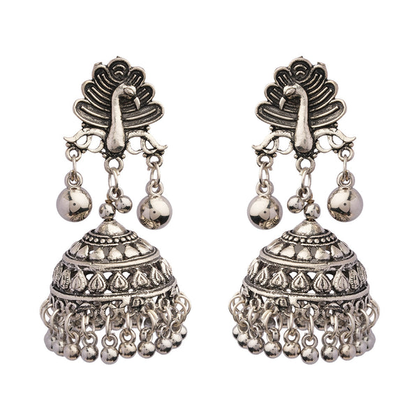 Mayurakshi- Silver Brass Oxidised Jhumka Earrings