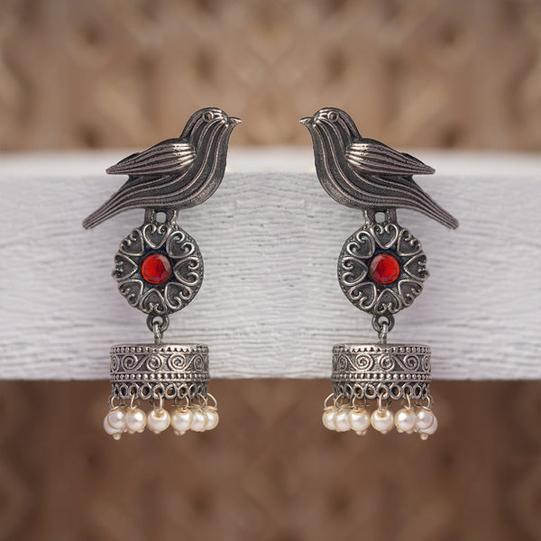 Chakori- Silver Brass Oxidised Jhumka Earrings(Red)