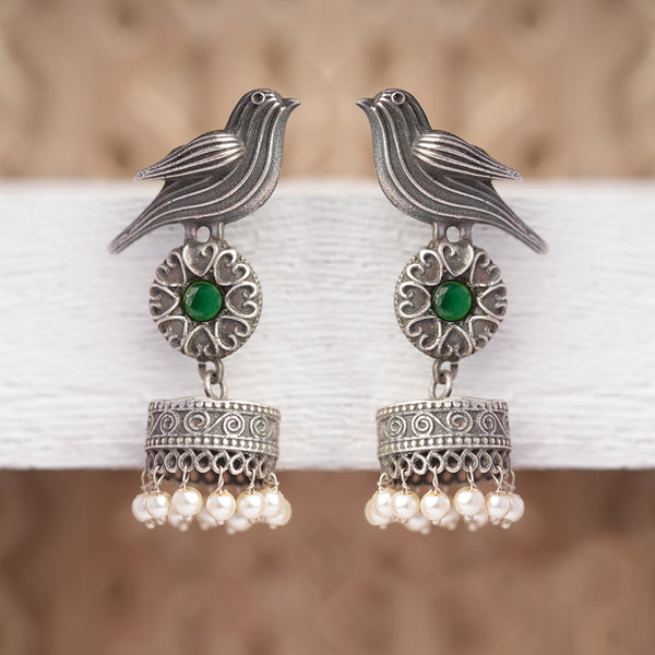 Chakori- Silver Brass Oxidised Jhumka Earrings( Green)