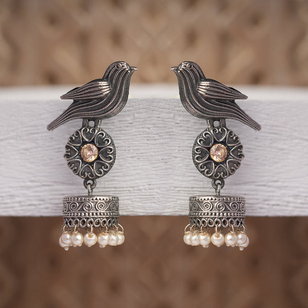 Chakori- Silver Brass Oxidised Jhumka Earrings(Baby Pink)