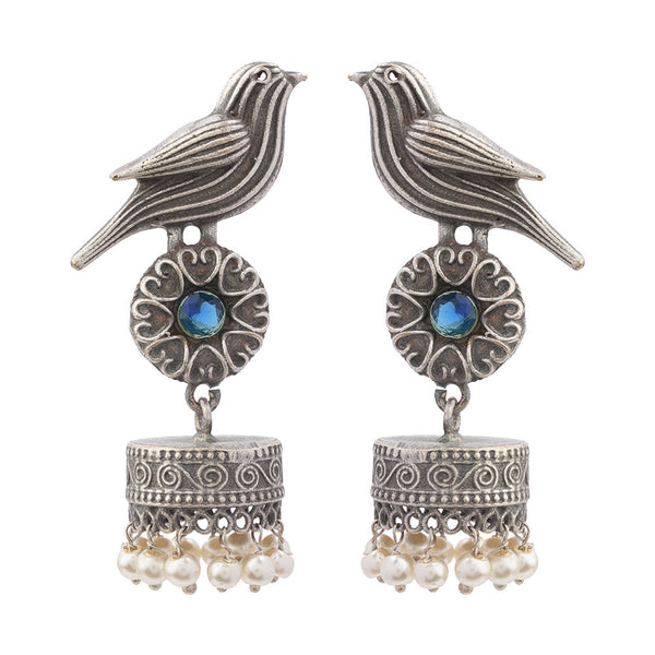 Chakori- Silver Brass Oxidised Jhumka Earrings( Aqua Blue)