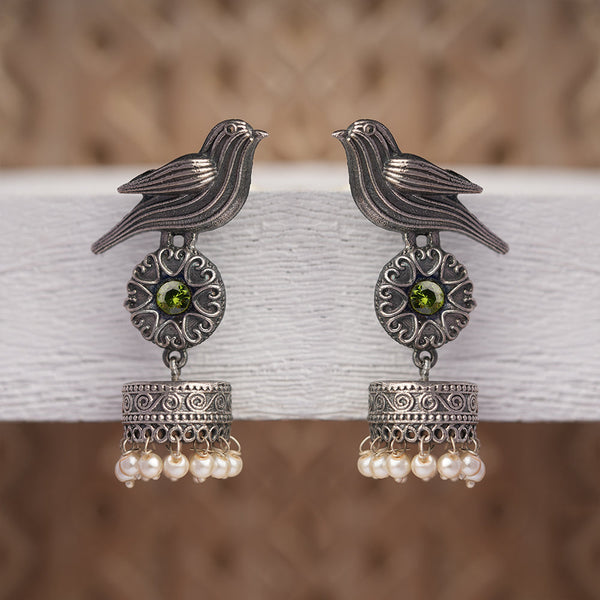 Chakori- Silver Brass Oxidised Jhumka Earrings(Parrot Green)