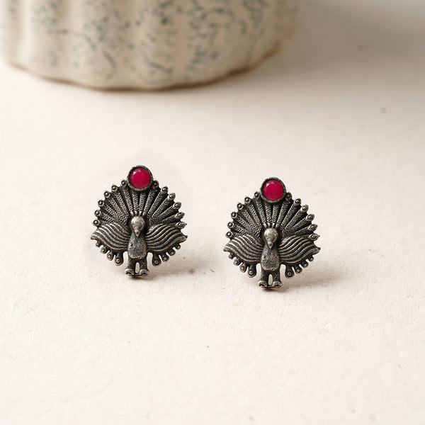 Pakshi- Silver oxidised stone studded stud earrings