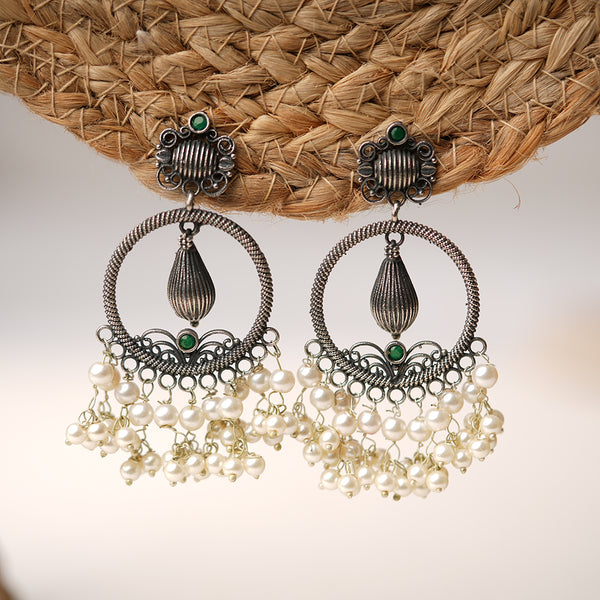 Green Stone studded Brass Silver look Statement Earrings