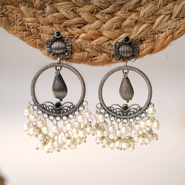 Black Stone studded Brass Silver look Statement Earrings