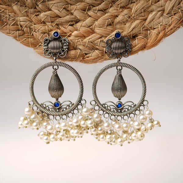 Blue Stone studded Brass Silver look Statement Earrings