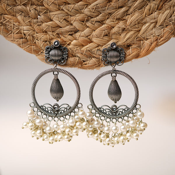 White Stone studded Brass Silver look Statement Earrings