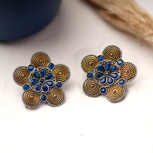 Blue Floral Brass Earrings
