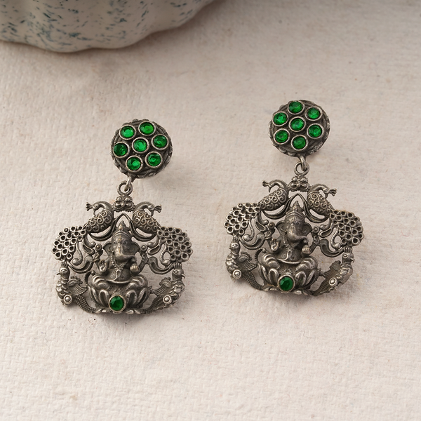 Gajanana- Silver Brass Oxidised dangler earrings(Green)