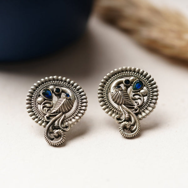 MorRatna- Silver Brass Stone Studded Stud Earrings(Blue)