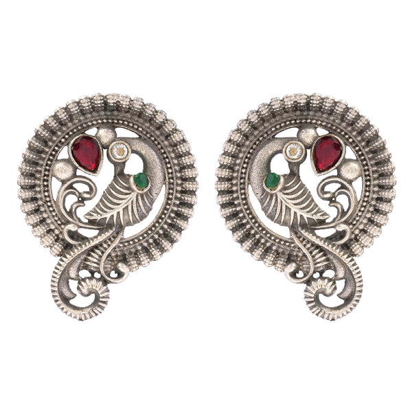 MorRatna- Silver Brass Stone Studded Stud Earrings(Purple)