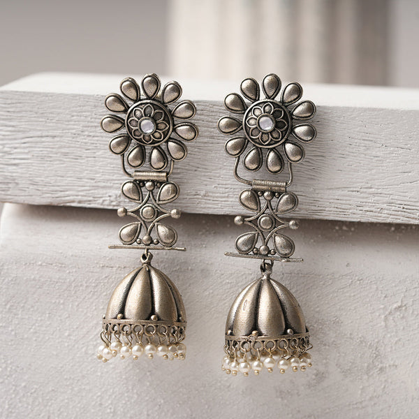 RajRatna- Silver Brass Oxidised Jhumka earrings