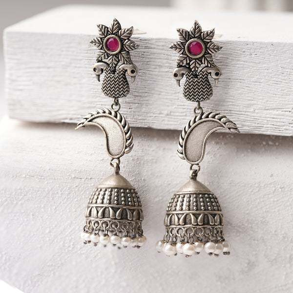 Red stone studded Antique polish Brass Danglers