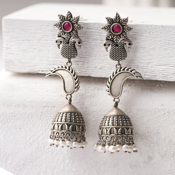 MorPushp- Silver Brass Oxidised Jhumka earrings