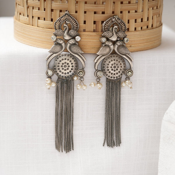 Jhalar- Silver Brass Oxidised dangler earrings(White)