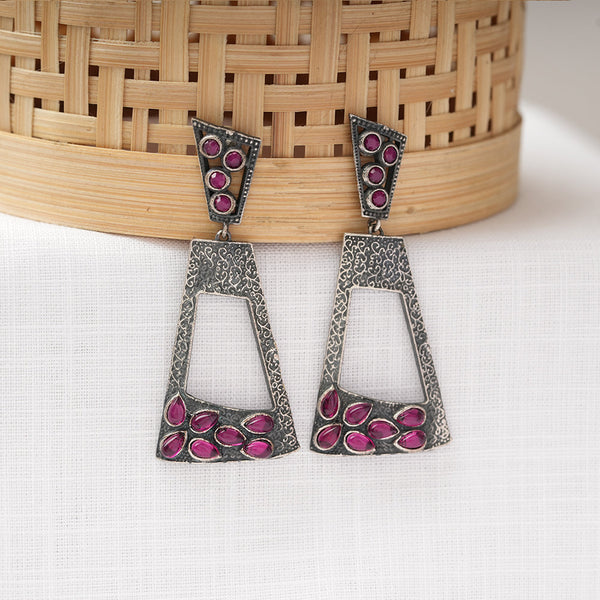 Vakrini- Silver Brass Oxidised dangler earrings(Red)