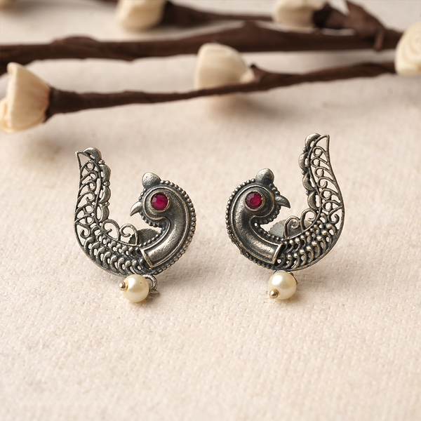 Amrapali- Antique polish Brass Studs with hanging Pearl Earrings