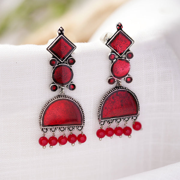 Aakar- Silver Brass stone studded dangler earrungs (Red)